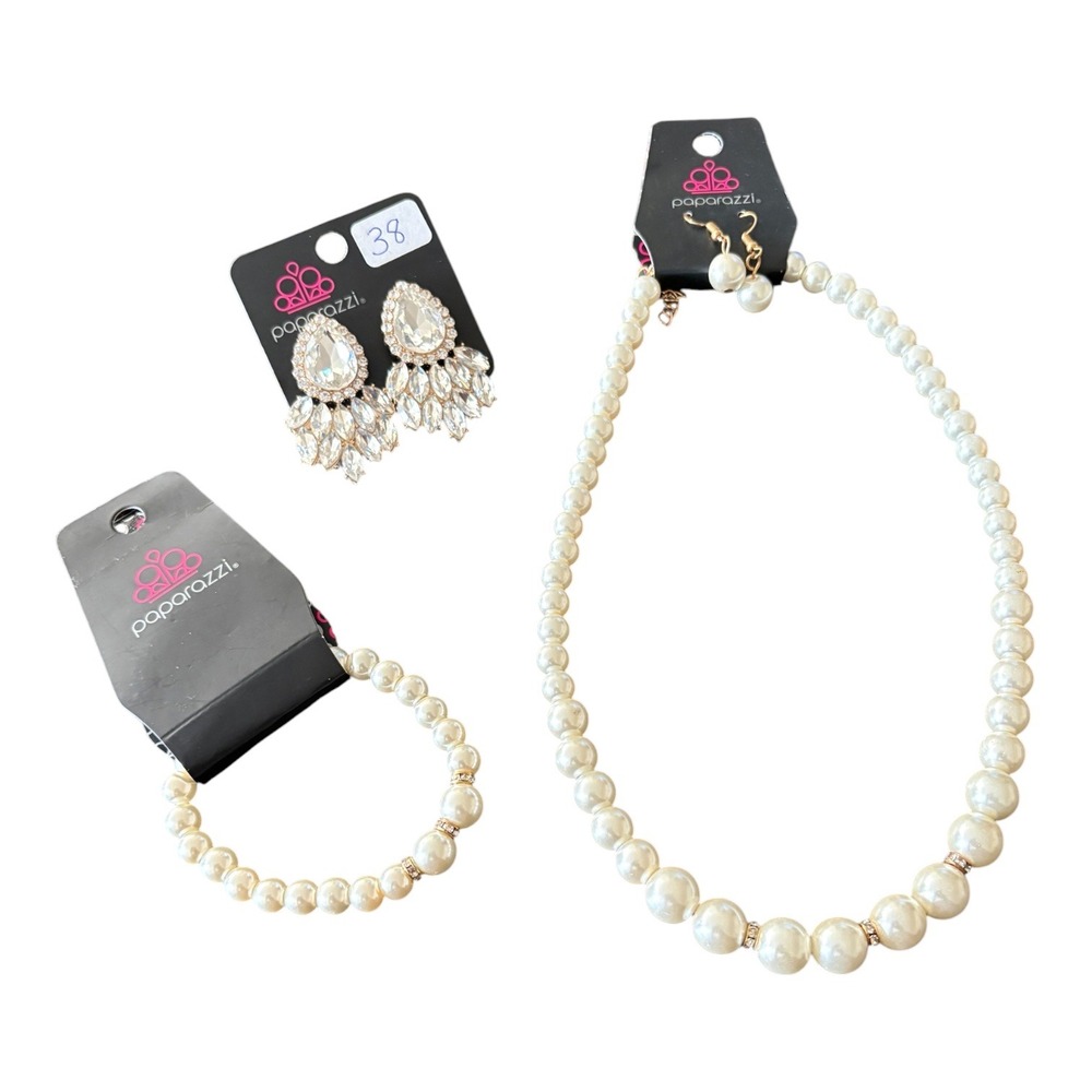 Paparazzi Pearl Necklace‎ Bracelet Earring Set & Rhinestone Chandelier Earrings